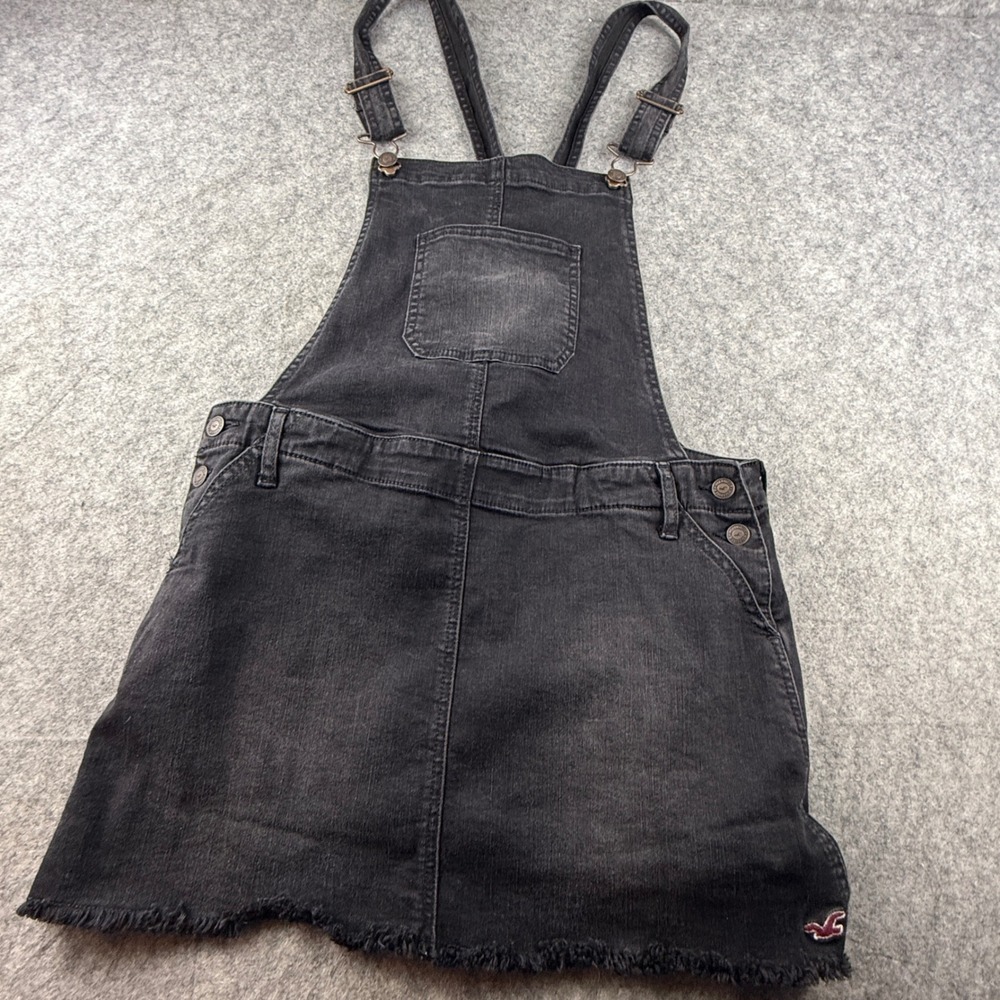 Hollister Womens Black Denim Overall Dress Low Rise Frayed Hem Small
